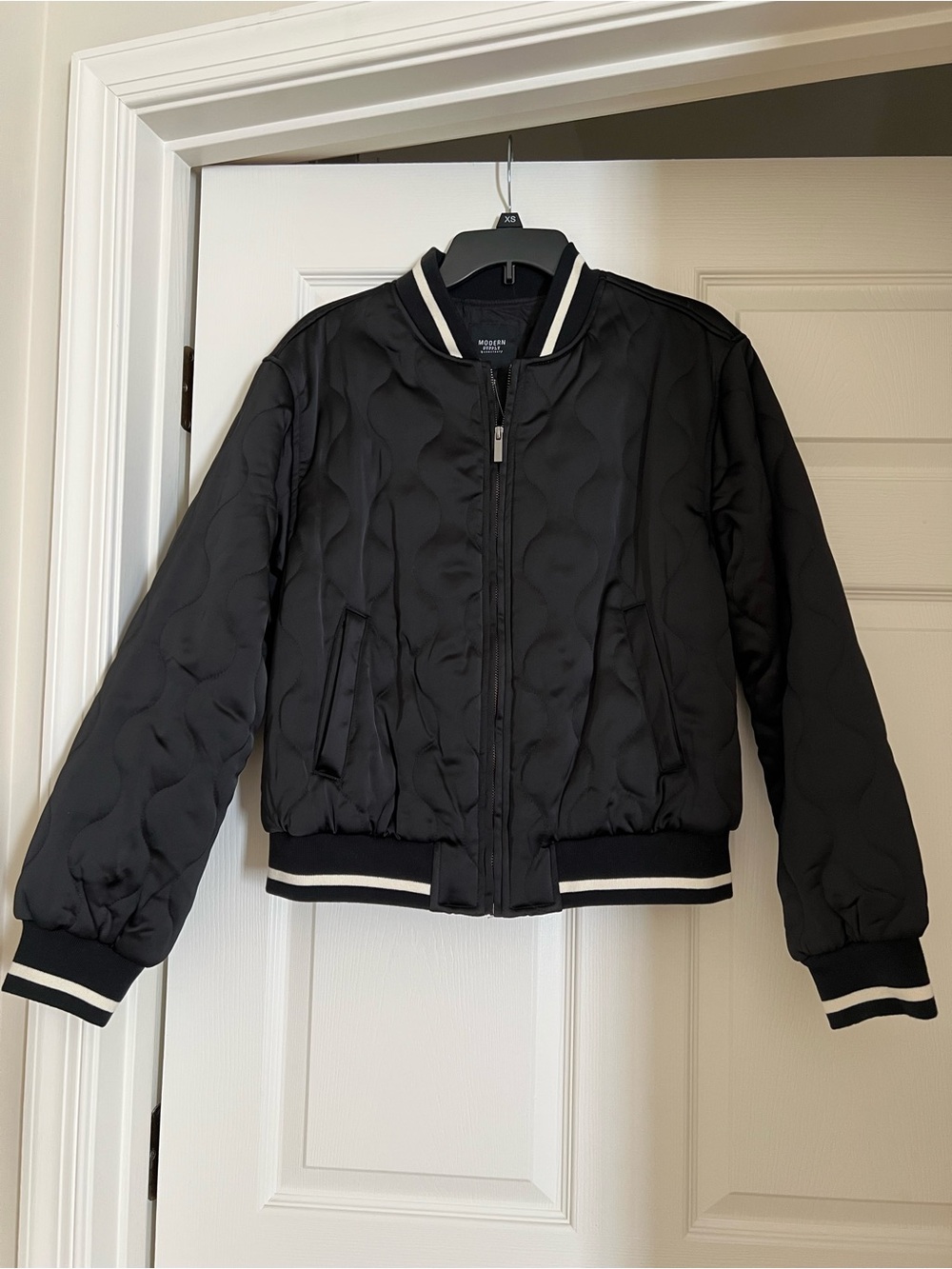 Modern Supply by Sanctuary Black Quilted Bomber Jacket with White Trim